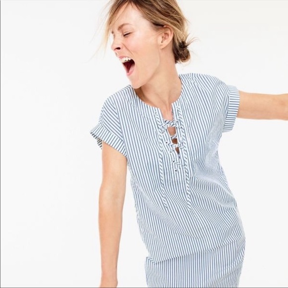 Striped Lace-up Cotton Shirtdress White Blue - Picture 5 of 11